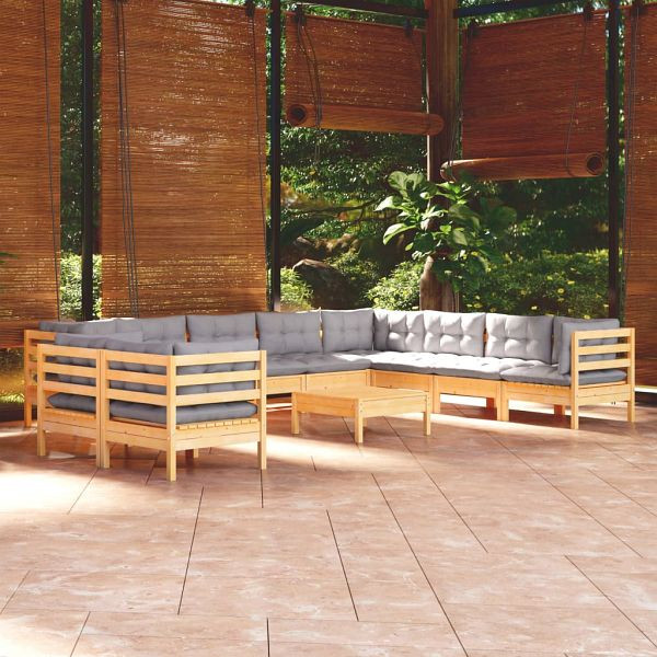 vidaXL 11-teilig Garten-Lounge-Set mit Grauen Kissen Massivholz Kiefer, 3096916