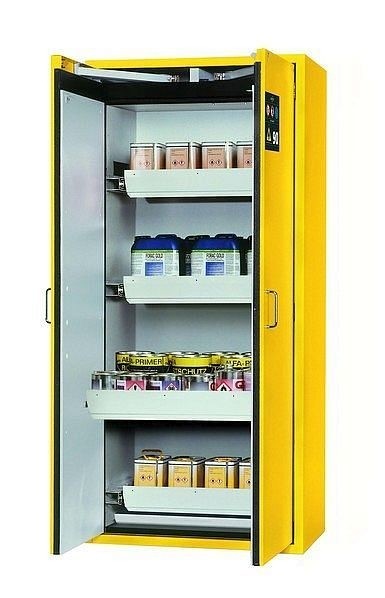 asecos Sicherheitsschrank S-CLASSIC-90, S90.196.090.WDAS in sicherheitsgelb RAL 1004 mit 4x Auszugswanne Standard (Stahlblech), 30205-002-30218