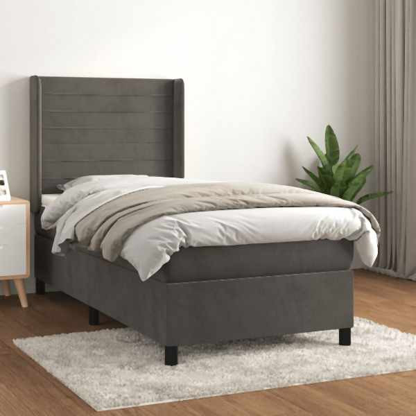 vidaXL Boxspringbett mit Matratze Dunkelgrau 100x200 cm Samt, 3132724