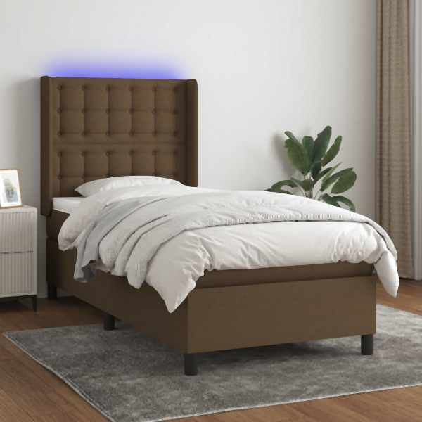 vidaXL Boxspringbett mit Matratze & LED Dunkelbraun 100x200 cm Stoff, 3138616