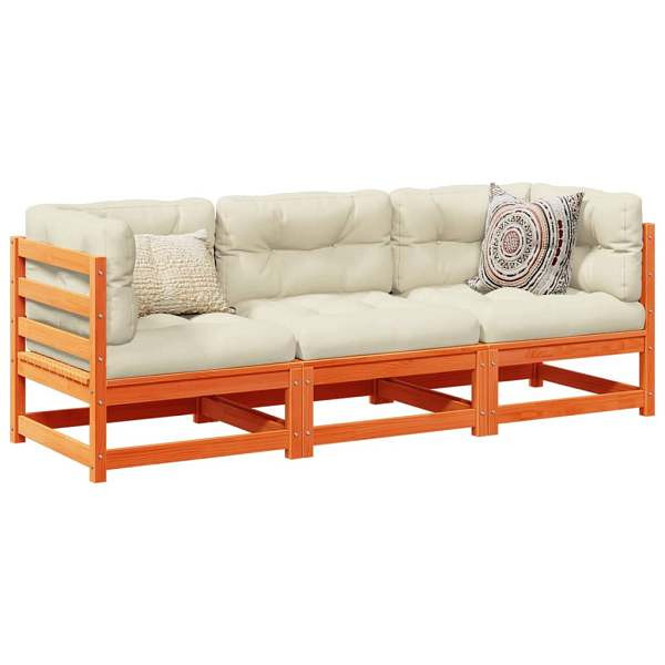 vidaXL 3-tlg. Garten-Sofagarnitur mit Kissen Wachsbraun Kiefernholz, 3299269