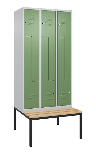 C+P Z-Spind Classic PLUS, mit untergebauter Sitzbank, 6 Abteile, 2120x900x815mm, 7035/6011, Zylinderschlösser, Buche-Sitzleisten, 0800537-306 S10021