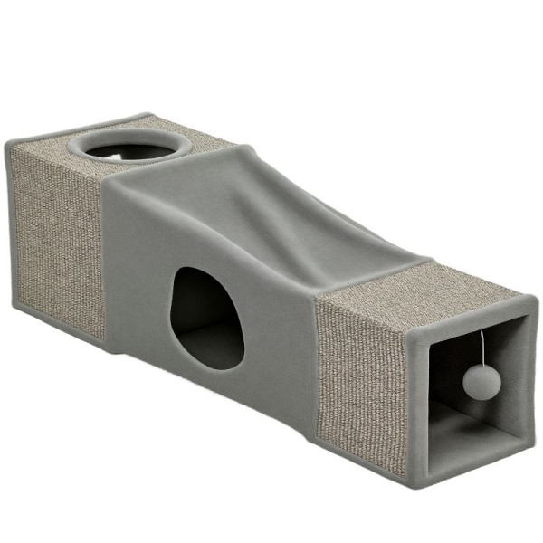 PawHut Katzentunnel, 2 Katzenhöhlen, Kratzflächen, 98 x 30 x 30 cm, Grau, D34-004V00GY