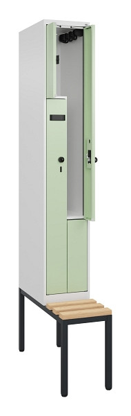 C+P Z-Spind Evolo PLUS, Bank, 2 Fächer, 2120x300x815mm, 9016/6019, Drehriegel, Sitzfläche Buche-Hartholz, Sitzbank, 0490537-102 S10018