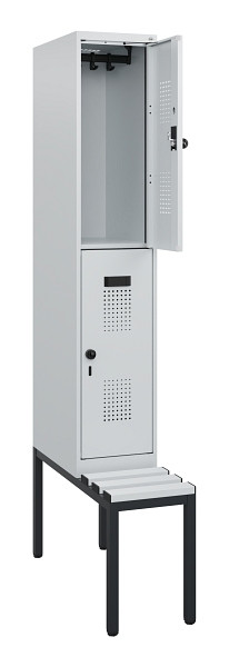 C+P Doppelstöckiger Spind Evolo PLUS, Bank, 2 Fächer, 1950x300x815mm, 7035/7035, Drehriegel, Sitzfläche Kunststoff, Sitzbank, 0493505-10 S10106