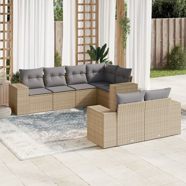 vidaXL 7-teilig Garten-Sofagarnitur mit Kissen Beige Poly Rattan, 3255146