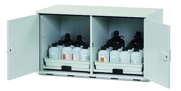 asecos Säuren- und Laugenunterbauschrank SL-CLASSIC-UB Modell SL.060.110.UB.2T in lichtgrau mit 2x Tablarauszug (FP-Platte/Polypropylen), 30619-892-30620