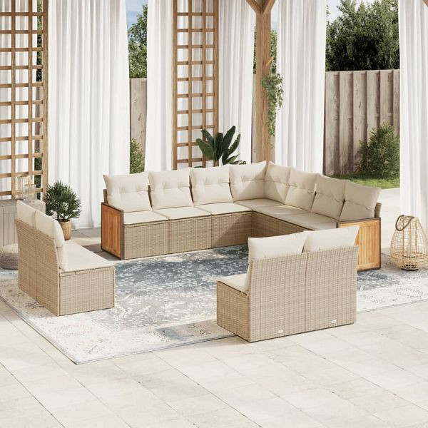 vidaXL 11-teilig Garten-Sofagarnitur mit Kissen Beige Poly Rattan, 3227766