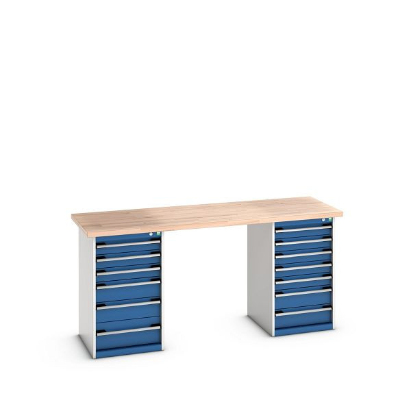 bott cubio Werkbank mit 2 Schubladenschränken 13 Schubladen, Rotbuche-Platte, BxTxH: 2000x750x940mm, Rotbuche RAL 7035/5010, 41003518.11V