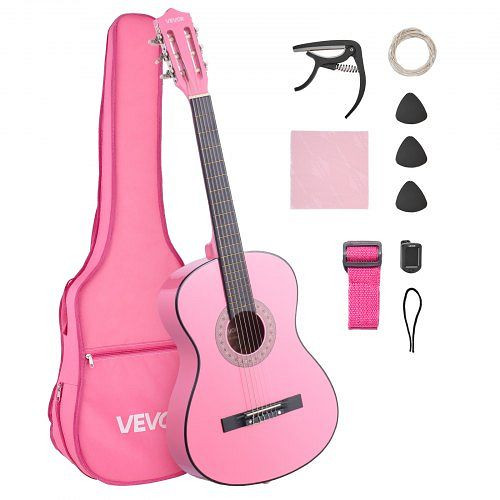VEVOR Konzertgitarre 960 mm, Holz, Nylonsaiten, Starter-Set: Gigbag, Gurt, Stimmgerät, Ersatzsaiten, Plektren, Kapodaster, Pink, JBGDJT38INCHHTR39001V0