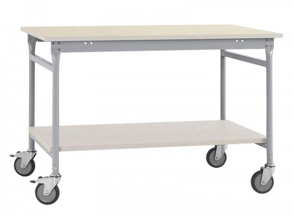 Manuflex Komplett-Beistelltisch BASIS mobil mit Kunststoff-Platte + Zwischenboden, BxTxH: 1250 x 600 x 850 mm, Alusilber, BB5327.9006