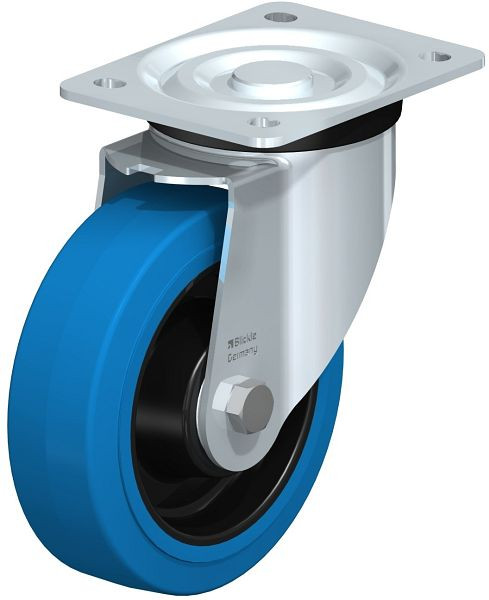 Blickle L-POEV 160K-SB Stahlblech-Lenkrolle, mittelschwere Ausführung, mit Anschraubplatte, Elastik-Vollgummi, Blau, 644948