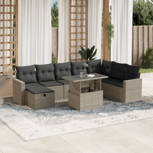 vidaXL 9-tlg. Garten-Sofagarnitur mit Kissen Hellgrau Poly Rattan, 3274872