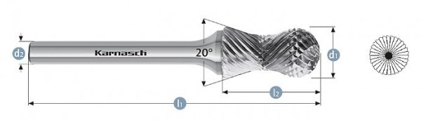 Karnasch Hartmetall-Frässtift unbeschichtet d1= 12,0 / l2= 25 / d2= 6 / l1= 70mm Combi+Curve, 114022100