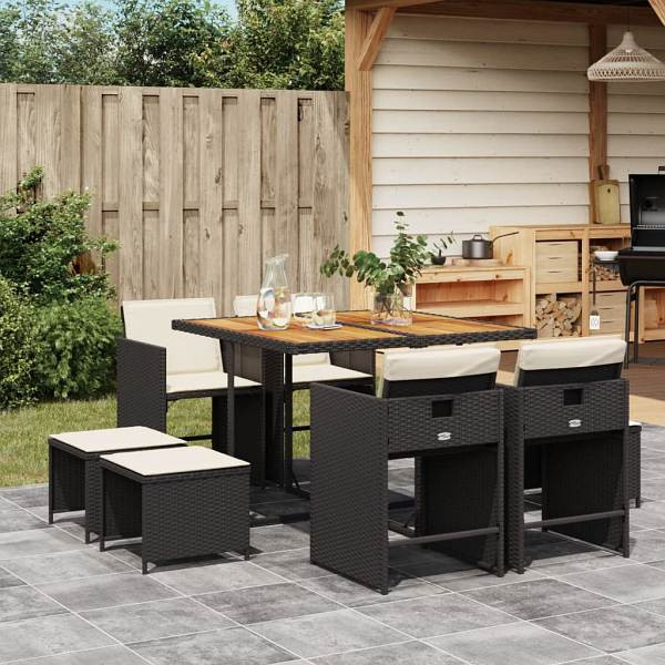 vidaXL 9-tlg. Garten-Essgruppe mit Kissen Schwarz Poly Rattan, UV-beständig, 3277910