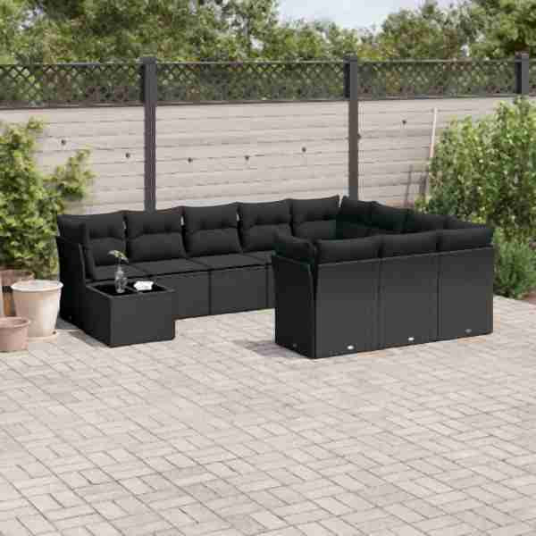 vidaXL 11-tlg. Garten-Sofagarnitur mit Kissen Schwarz Poly Rattan, UV-beständig, 3218255