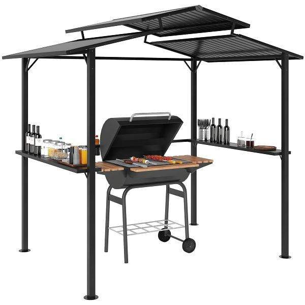 Outsunny Grillpavillon 250 x 160 x 250 cm wasserdicht Gartenpavillon mit Doppelschichtdach, Seitenregalen Schwarz, 84C-638V00BK