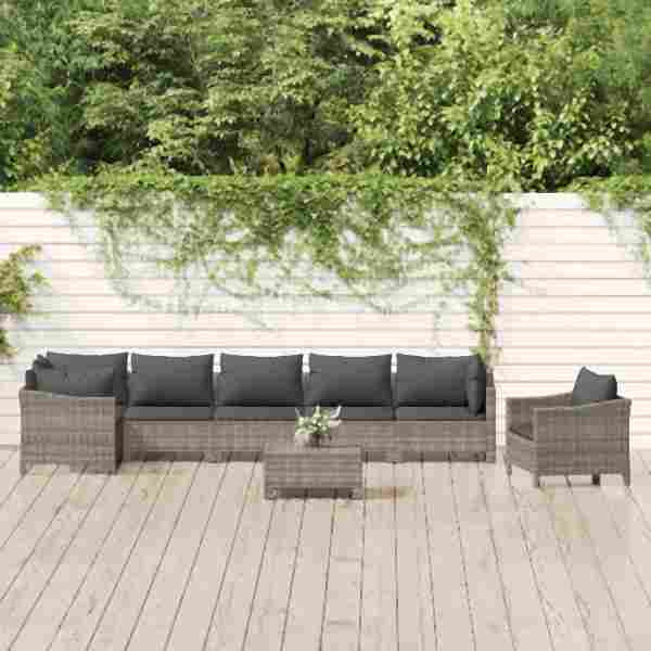 vidaXL 8-tlg. Garten-Lounge-Set mit Kissen Grau Poly Rattan, 3187285