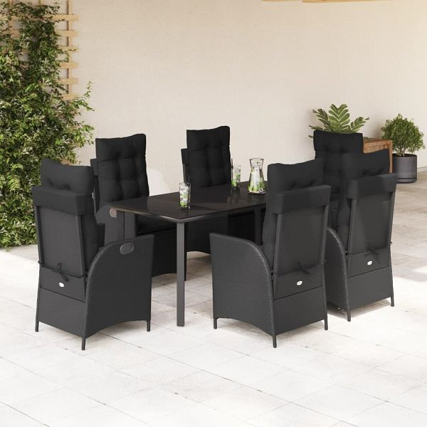 vidaXL 7-teilig Garten-Essgruppe mit Kissen Schwarz Poly Rattan, 3213190
