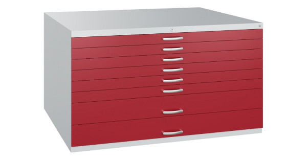 C+P Flachablageschrank Serie 7100_7200, H760xB1350xT960mm, 7035/3003, 2 Schubladenblenden doppelwandig, 7201-200 S10385