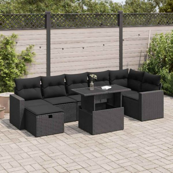 vidaXL 8-tlg. Garten-Sofagarnitur mit Kissen Schwarz Poly Rattan, 3327825