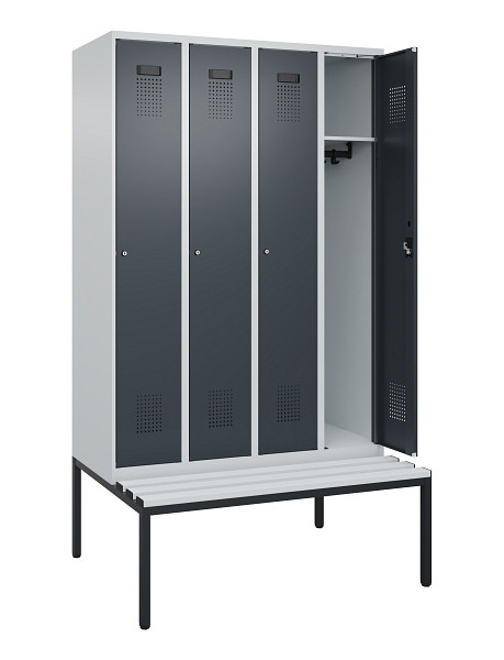 C+P Spind Evolo PLUS, 4 Abteile, 2120x1200x815mm, 7035/7016, Haken 3, Zylinderschloss, Sitzfläche Kunststoff, Sitzbank, 0490507-40 S10093