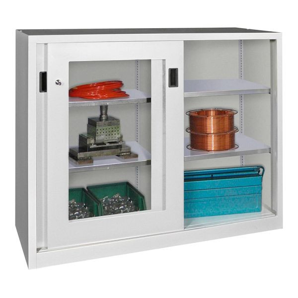 Pavoy Schwerlastschiebetürschrank 1200/1500/500, Mitteltrennwand, 4 verzinkte Fachböden; Sichtfenstertüren; Drehdruckzylinderschloss, 30331-150-590-910735