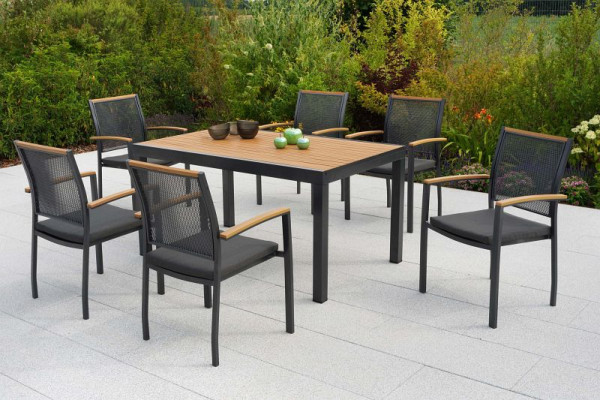 Merxx Itanos Set 13-teilig, 6 Itanos Stapelsessel, 6 Sitzkissen, grau, 1 Tisch 150 x 90 cm, Tischplatte aus Kunststoff in Holzoptik, 50483-800