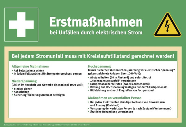 Moedel Zusatzschild Erstmaßnahmen bei Unfällen mit elektrische Strom, PVC, 410x280 mm, 98085