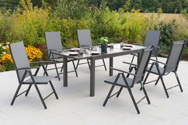 Merxx Amalfi Set 7-teilig, 6 Amalfi Klappsessel, 1 Ausziehtisch 150 (210) x 90 cm, graue Glasplatte, Graphit/grau, 51106-309