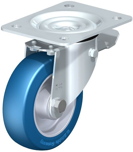 Blickle LK-ALBS 125K-3-ST Stahlblech-Lenkrolle, schwere Ausführung, mit Anschraubplatte & Feststeller, Blickle Besthane® Soft, Blau, 750220