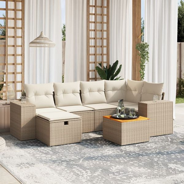 vidaXL 7-teilig Garten-Sofagarnitur mit Kissen Beige Poly Rattan, 3265174