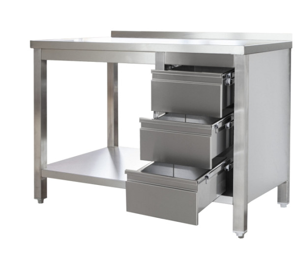 A&S Gastro Edelstahl Arbeitstisch mit Aufkantung, Schubladenblock rechts Bautiefe 800mm, mit Grundboden, AISI 304, 1400 x 800 x 850 mm, ARTGASR148