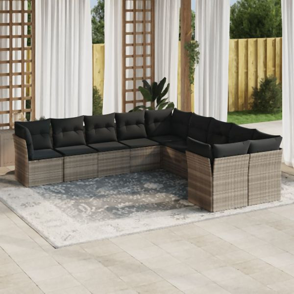 vidaXL 10-tlg. Garten-Sofagarnitur mit Kissen Hellgrau Poly Rattan, 3250081