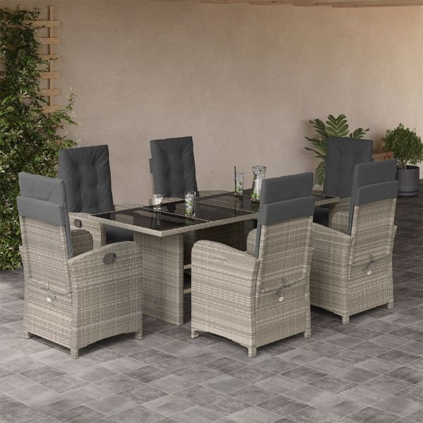 vidaXL 7-teilig Garten-Essgruppe mit Kissen Hellgrau Poly Rattan, 3212266
