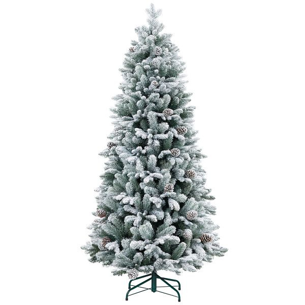 HOMCOM Künstlicher Weihnachtsbaum, Kunstschnee & Tannenzapfen, realistisch, flammhemmend, Metallfuß, 183 cm, Grün, 830-841V00GN