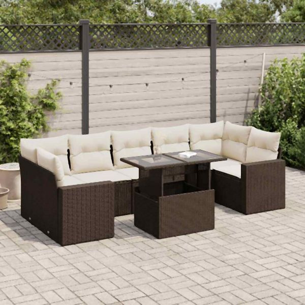 vidaXL 8-tlg. Garten-Sofagarnitur mit Kissen Braun Poly Rattan, 3326284
