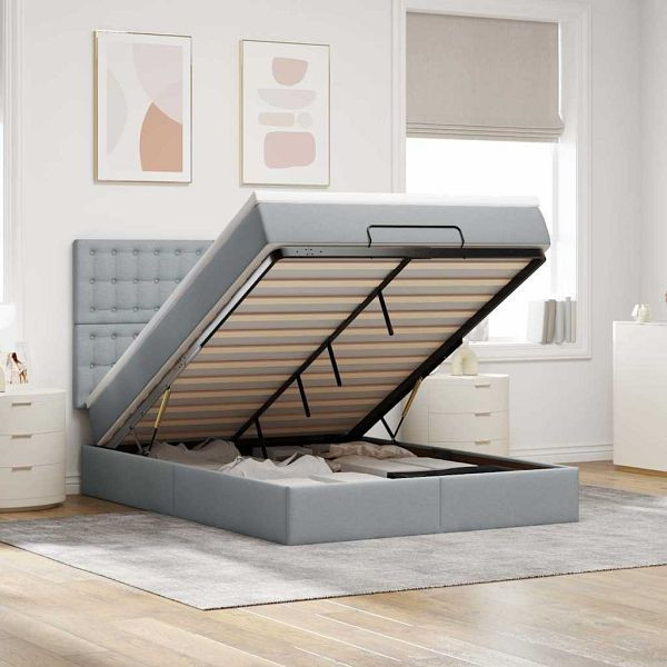 vidaXL Ottoman-Bett mit Matratze & LEDs Hellgrau 140x190 cm Stoff, 3314169