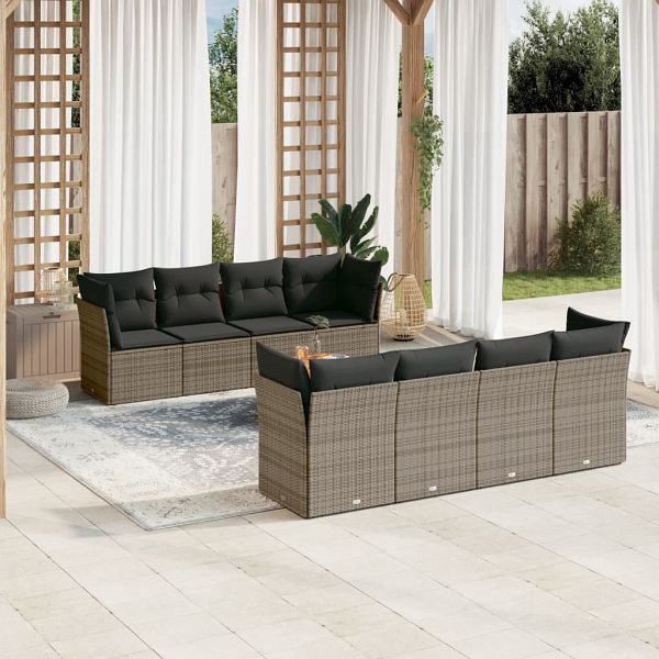 vidaXL 9-teilig Garten-Sofagarnitur mit Kissen Grau Poly Rattan, 3255857