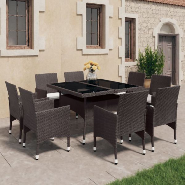 vidaXL 9-tlg. Garten-Essgruppe Poly Rattan und Glas Braun, 3058341