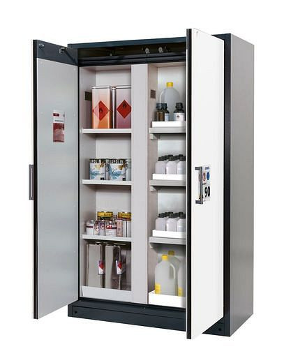 asecos Feuerbeständiger Gefahrstoffschrank Select, mit Mittelwand, Einlege- und Wannenböden, weiß, 266828