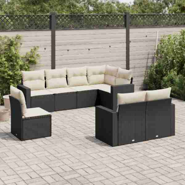vidaXL 8-tlg. Garten-Sofagarnitur mit Kissen Schwarz Poly Rattan, UV-beständig, 3251573
