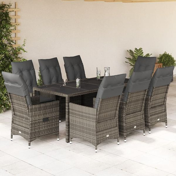 vidaXL 9-teilig Garten-Essgruppe mit Kissen Grau Poly Rattan, 3276742