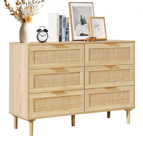 VEVOR Rattankommode mit 6 Schubladen, stabilen Griffen & Beinen, für Wohnzimmer/Schlafzimmer/Diele, Holzfarbe, Boho-Stil, TBCTJ6CYMSBDPJDY8V0