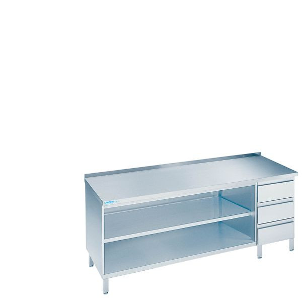 CHROMOnorm Arbeitsschrank offen mit Schubladenblock rechts, Tiefe 600mm, Tischplatte hinten auf, SG0608CS3R0