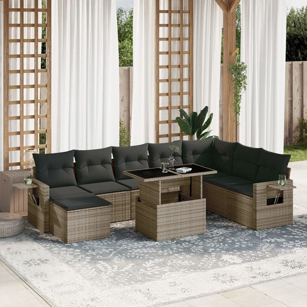 vidaXL 9-teilig Garten-Sofagarnitur mit Kissen Grau Poly Rattan, 3268100