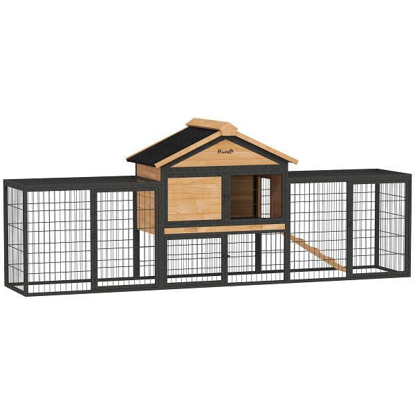 PawHut Hasenstall 2 Ebenen Kaninchenstall aus Vollholz Winterfest Doppelstockhaus mit Freilaufgehege 217x53x86 cm Gelb, D51-468V90YL