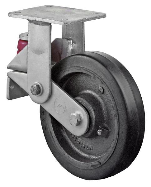 BS Rollen Gefederte Schwerlastrolle, Bockrolle, Rad-Breite 50 mm, Rad-Ø 200 mm, 450 kg, Elastik-Reifen schwarz, Guss, Kugellager, T110.B81.200