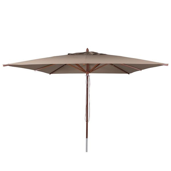 Mendler Gastronomie Holz-Sonnenschirm HWC-C57b, Gartenschirm, Polyester/Holz 17kg, eckig 3x3m Seilzug stoßsicher, taupe, 120507