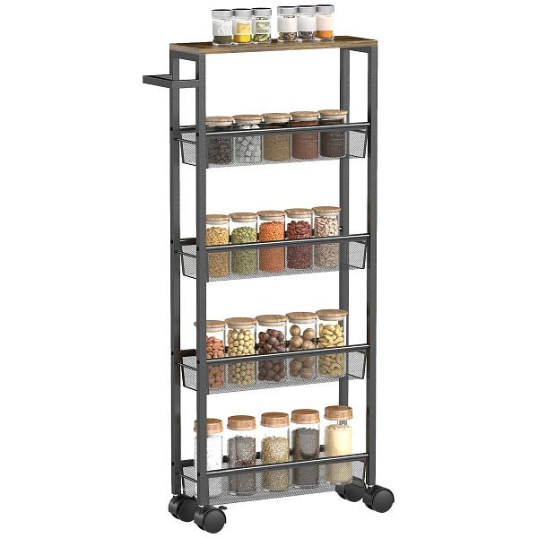 HOMCOM Küchenwagen Servierwagen mit 5 Ebenen, Rollwagen Küchenregal mit Arbeitsplatte, Rollen Griff 47 x 13 x 96,5 cm, Schwarz, 801-428V00BK